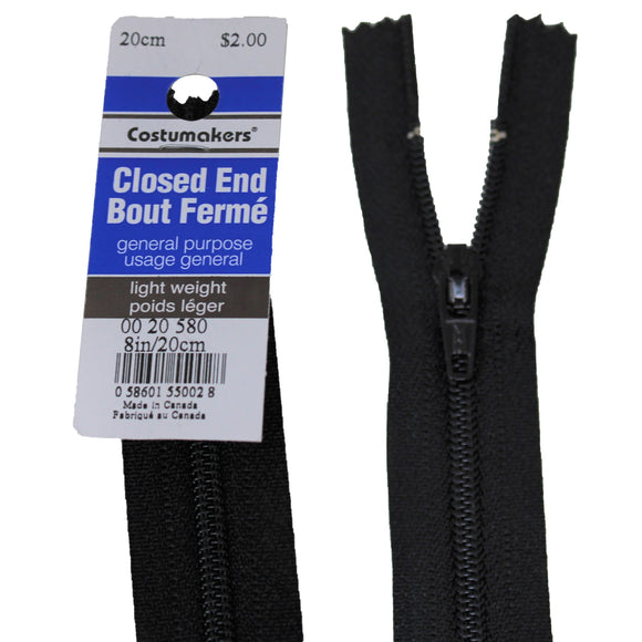 20cm light weight closed end zipper in black, packaging and product on white background