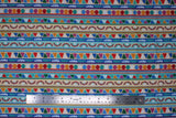 Flat swatch Stripe fabric (busy colourful fabric with horizontal stripes containing shapes and patterns within)