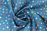 Swirled swatch Dots fabric (dark blue fabric with tossed circles and triangles in confetti style with different colours)
