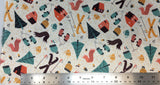 Flat swatch cartoon ski cabin printed fabric in cream (off white fabric with tiny yellow polka dots and stars allover and tossed skiing related emblems in full colour: mitts, scarves, hats, skiis, mugs, cabins, trees, etc. in green, pink, yellow shades)