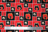 Flat swatch licensed NHL fabric in Calgary Flames (quilt squares pattern with red and black backgrounds with logo, red background with team text)