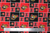 Flat swatch licensed NHL fabric in Ottawa Senators (quilt squares pattern with red and black backgrounds with logo, black background with team shield, red background with black "O")