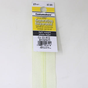 23cm light weight one way separating zipper in beige colour with label and showing product half zipped on white background