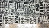 Flat swatch farm to fork large font text printed fabric in cream (white fabric with tossed black large print text in various styles all related to farmers markets "farm to fork" "farm fresh" etc.)