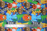 Flat swatch zoo animals fabric (blue fabric with drawn style assorted zoo animals in full colour allover, alligator, zebra, monkey, tiger, etc.) 
