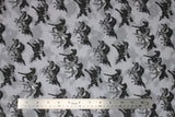 Flat swatch comfy print flannel in horses (black and grey running horses on light grey)