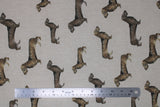 Flat swatch upholstery fabric (dachshund print: light grey fabric with faded medium grey stripes and assorted brown dachshunds tossed)