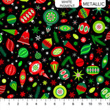 Flat swatch ornament toss fabric (black fabric with small tossed red and green Christmas ornaments in various styles allover with tossed snowflakes and branches)