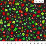 Flat swatch gift toss fabric (black fabric with tossed red and green Christmas gifts in various styles, tossed candies and holly all with a metallic effect)