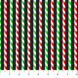 Flat swatch candy cane stripes fabric (black fabric with small black polka dots with large vertical candy cane look stripes in white/red and white/green)