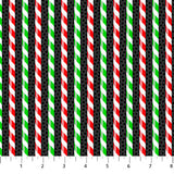 Flat swatch candy cane stripes fabric (black fabric with small black polka dots with large vertical candy cane look stripes in white/red and white/green)