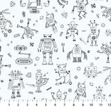 Square swatch Graph Paper fabric (white fabric with blue grid lines and tossed dark grey pencil look doodles of robots in various styles)