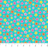 Square swatch Floral fabric (teal fabric with white line ticks allover and tossed pink, orange and yellow floral heads)