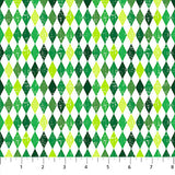 Square swatch Harlequin Green fabric (white fabric with various green shade diamonds in harlequin pattern)