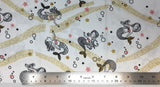 Flat swatch happy mermaid printed fabric in white (white fabric with doodled smiling mermaids tossed with doodled bubbles, pink, gold and black stars, gold swoopy kelp like background)