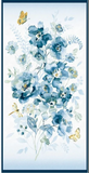 Full panel swatch - Floral Panel (24" x 45") (palest blue/white panel with dark blue border, light and dark blue watercolour look floral within with tossed yellow insects)