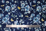 Flat swatch Dark Blue Toss fabric (dark blue fabric with tossed white and light blue floral clusters and yellow insects)