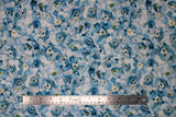 Flat swatch Layered Watercolour fabric (white and blue watercolour look floral heads collaged allover)