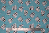 Flat swatch homemade themed printed fabric in stoves (old fashioned white/silver stove on blue with white dots)