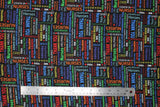 Flat swatch black fabric (black fabric with multi directional busy collaged text allover in various colours of the rainbow all related to expressing gratitude for healthcare workers "Nurses Rock!" "Thank you" etc.)