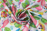 Swirled swatch Flamingos in Hats fabric (white fabric with tossed illustrative pink flamingos in summer hats and sunglasses with tossed flowers, leaves and drinks in tropical style)
