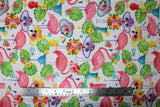 Flat swatch Flamingos in Hats fabric (white fabric with tossed illustrative pink flamingos in summer hats and sunglasses with tossed flowers, leaves and drinks in tropical style)