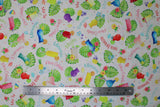 Flat swatch Drinks White fabric (white fabric with tossed illustrative style drinks/tropical cocktails with tossed flowers and leaves and drink names in fun colours "Mimosa" "Daiquiri" etc)