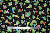 Flat swatch swatch Drinks Black fabric (black fabric with tossed illustrative style drinks/tropical cocktails with tossed flowers and leaves and drink names in fun colours "Mimosa" "Daiquiri" etc)