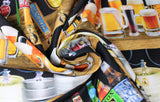 Swirled swatch Beer fabric (black fabric with wood shelving and beer on tap with full steins below, bottles, etc.)