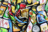 Swirled swatch Cans fabric (assorted tallboy style beercans allover)