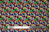 Flat swatch Hero Stickers fabric (white fabric with tossed circular avenger character heads and circular stickers in full colour allover)