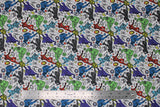 Flat swatch licensed Avengers (Marvel) doodle style fabric in Avenger Doodle Team (full characters and multi logos on white)
