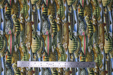 Flat swatch Stacked fabric (tightly packed/stacked collage of full colour lake fish in various styles)
