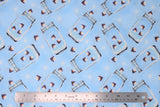 Flat swatch firefly printed fabric in jarred fireflies (lightest blue marbled fabric with white dandelion shapes and clear mason jars with black/white fireflies with orange/yellow glowing lights)
