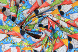 Swirled swatch garden gnome themed fabric in stacked gnomes (cartoon garden gnome collage blue/red/orange/green hatted garden gnomes in various styles, sunglasses, etc.)