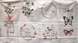 Full panel swatch - Nature Panel (45" x 23") (rectangular panel with two long rectangles on either side, one with jars filled with floral, greenery, and "happiness is homemade" text, one with butterflies and a dragonfly with "nature" text, center has 4 squares with branches and greenery or wreaths within and related positive text)