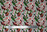 Flat swatch Tags fabric (black fabric with tossed busy collaged christmas tags in white with red, green and blue writing and christmas graphics)