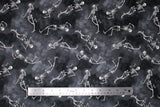 Flat swatch Posing Skeletons fabric (black and grey marbled/distressed look fabric with tossed skeletons in various poses)