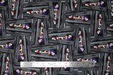 Flat swatch Mummy! fabric (grey barn board pieces in various directions with red faced mummys poking their eyes and hands out)