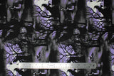 Flat swatch Monster House fabric (purple and grey marbled/misty sky look fabric with large black silhouette graphics of spooky houses and graveyards, trees, witches, etc.)