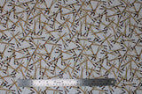 Flat swatch Chop Sticks fabric (white fabric with tossed Chop Sticks allover in natural colour with black and orange top banding)