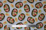 Flat swatch Platter fabric (grey fabric with tossed black and yellow platters with colourful sushi inside)