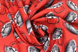 Swirled swatch Pot fabric (bright red fabric with tossed black kettle pots allover)