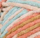 Sailor's Delight (coral, light blue, tan) swatch of Bernat Blanket