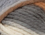 Swatch of Bernat Softee Chunky ombre yarn in shade stillness ombre (white, light and medium grey, burnt orange/brown colourway)