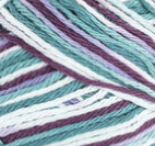 Crown Jewels Ombre (bright purple, light purple, mid green, light blue, white) variegated swatch of Bernat Handicrafter Cotton