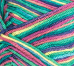 Psychedelic Ombre (bright pink, light yellow, bright green, bright turquoise, indigo) variegated swatch of Bernat Handicrafter Cotton