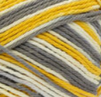 Golden Mist Ombre (gold, mid grey, ivory) variegated swatch of Bernat Handicrafter Cotton