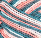 Coral Seas Ombre (coral, teal, off white) variegated swatch of Bernat Handicrafter Cotton