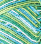 Emerald Energy Ombre (mid green, light blue, spring green, white) variegated swatch of Bernat Handicrafter Cotton